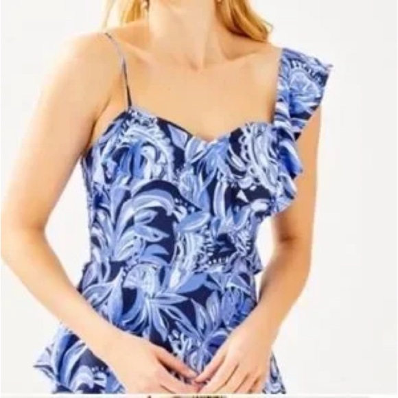 NWT Lilly Pulitzer Auria One Shoulder Ruffle Blue High Tide Top, Size 6 - Picture 5 of 5